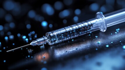 A syringe is on a dark surface with a blue background
