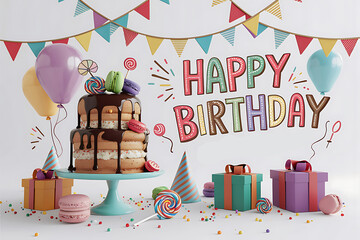 Happy Birthday greeting card with hand lettering and party elements, 3d cake on white background. Birthday vector banner template. Happy birthday to you text