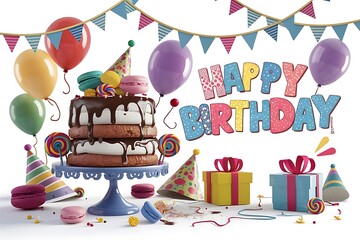 Happy Birthday greeting card with hand lettering and party elements, 3d cake on white background. Birthday vector banner template. Happy birthday to you text