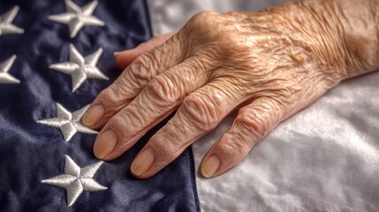 Fototapeta premium An elderly veteran's hand touches the American flag, reflecting decades of service and dedication on this meaningful Veterans Day