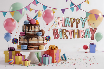 Happy Birthday greeting card with hand lettering and party elements, 3d cake on white background. Birthday vector banner template. Happy birthday to you text