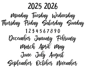 2025 calendar template, Handwritten months names vector set: December, January, February, March, April, May, June, July, August, September, October, November. Template for calendars and organizers. 