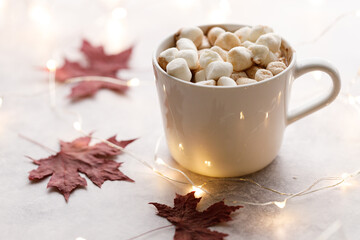 Cup of hot chocolate on white background