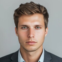 A professional photo of an attractive man with short hair, wearing business attire against a plain background