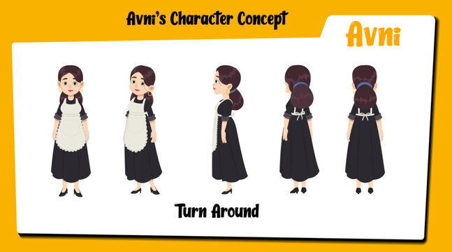 A maid cartoon character turnaround modelsheet AKA Avni. Cute maid cartoon vector.