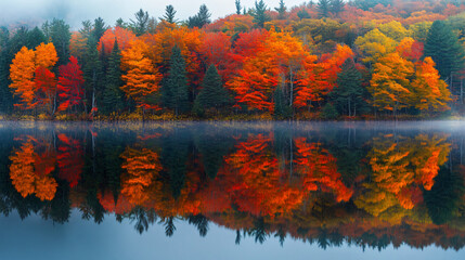 A beautiful reflection of autumn trees in a calm river, creating a perfect mirror image of the colorful landscape.