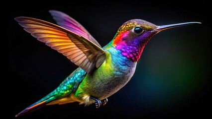 Fototapeta premium colorful hummingbird in sharp focus surrounded by blurred black background
