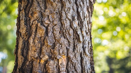 Fototapeta premium Close-up of a textured tree trunk with intricate patterns, surrounded by blurred green foliage in the background.