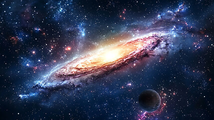 Obraz premium stunning galaxy spinning in deep space, showcasing vibrant colors and cosmic elements. scene evokes sense of wonder and vastness of universe