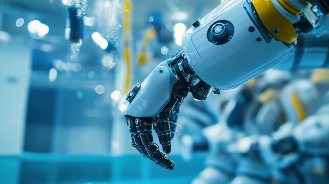 An extreme close-up of the fluidic actuators and responsive movement capabilities of a humanoid underwater exploration robot in an oceanic robotics research center, Robotics style, photo of