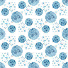 Moon jellyfish abstract watercolor seamless pattern isolated on white. Clip art. High quality hand-drawn blue monochromatic art for textile, wrapping paper, wallpaper, stationary design, room decor