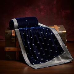 Navy Blue Velvet  Sari with Silver  Border on a Trunk