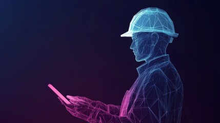 Abstract polygonal engineer holding a tablet, wearing a white helmet, representing safety in technology and architecture. Low-poly vector illustration.