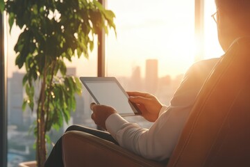 Sunset Review: Businessman checks portfolio on tablet, enjoying golden hour.
