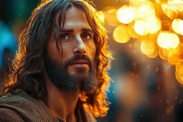 A Close-Up Portrait of a Man with Long Hair and a Beard Against a Background of Golden Bokeh Lights