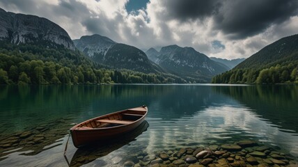 Fototapeta premium A wooden boat sits serenely on a still lake, surrounded by lush greenery and majestic mountains. The sky is cloudy, adding a sense of mystery to the scene.