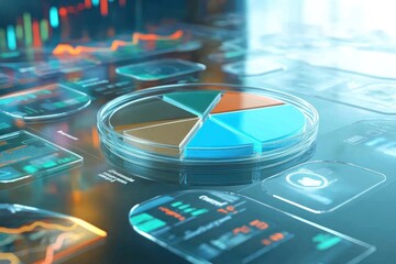 A digital dashboard displaying data analytics with pie chart and graphs.