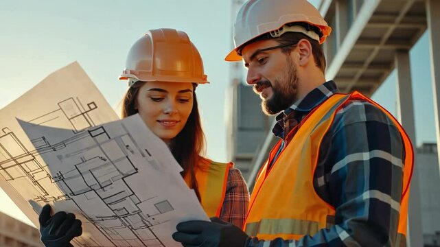 Young engineer examining construction blueprints with a foreman