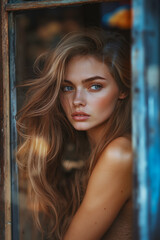 Fototapeta premium A woman with long blonde hair and blue eyes looking out of a window