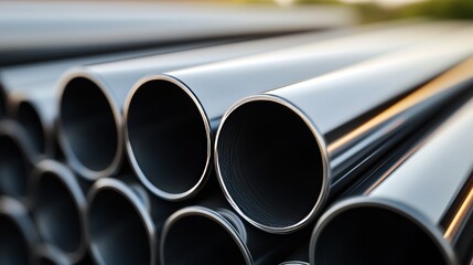 Fototapeta premium Black steel pipes stacked for construction, representing materials commonly used in the industry, specifically for building and steel product development. 