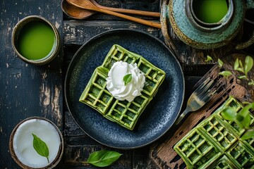 Green Tea Waffles with Whipped Cream and Mint Garnish