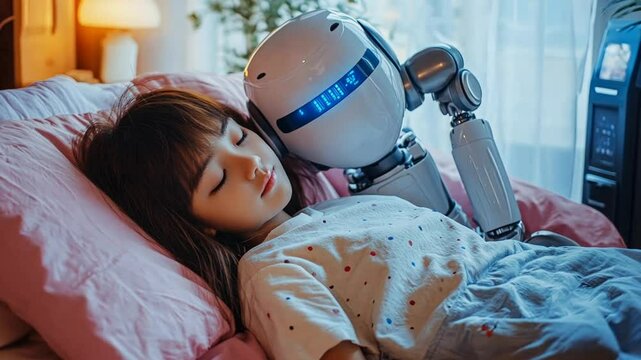 Robot companion comforting child sleeping peacefully in bed. Artificial intelligence care concept