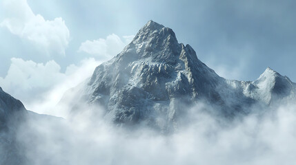 Majestic mountain peak emerging through clouds, showcasing beauty of nature and grandeur of landscape. scene evokes sense of tranquility and awe