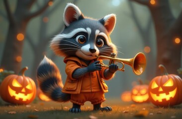 Cartoonish racoon near big jack-o-lantern, going to play the trumpet. Haloween card, space for text, autumn background