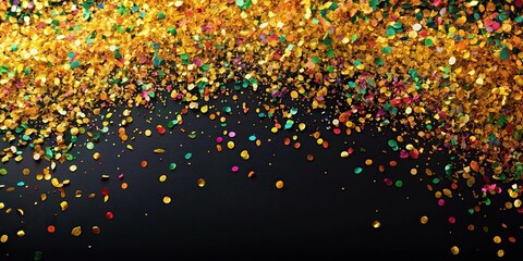 Festive background with golden and rainbow confetti reflections on black