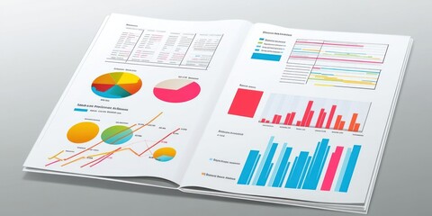 A colorful open report featuring various data visualizations and charts.