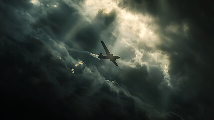Fototapeta premium plane flying through stormy clouds creates dramatic scene filled with tension and awe. interplay of light and shadow enhances atmosphere of adventure and uncertainty