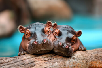 Cuddling baby hippos resting together, showcasing their playful bond and affection. serene background adds to peaceful atmosphere of this adorable scene