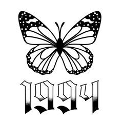 Butterfly tattoo with number design. Black colour butterflies on white background.