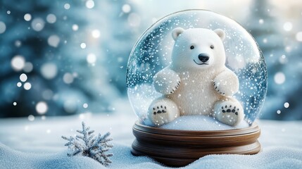 Enchanting winter wonderland snow globe with majestic polar bear, a festive holiday decoration