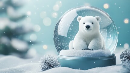 Enchanting winter wonderland, serene polar bear inside a sparkling snow globe whimsical