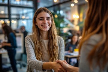 Fototapeta premium A young woman with long blonde hair is smiling and shaking hands with another person in a brightly lit room