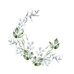 Eucalyptus branches, holly leaves and curly vines in sage green watercolor isolated. Foliage frame in pastel tones hand drawn for design nature product. Delicate green flora wreath for wedding card.