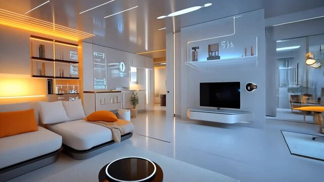 Modern minimalist smart home living room with ambient lighting. Futuristic design concept