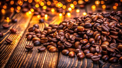 Obraz premium Aerial Close-Up of Coffee Beans on Rustic Wooden Table, Capturing the Rich Texture and Natural Colors of Freshly Roasted Arabica Beans for Coffee Lovers and Enthusiasts