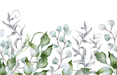 Foliage in sage green colors watercolor seamless border isolated. Pastel green leaves, branches of eucalyptus, rippled liana hand drawn. Botanical greenery repeating texture for template, banner.