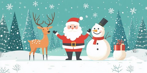 A festive winter scene with Santa, a snowman, and a reindeer. It's a cute cartoon perfect for the holiday season.