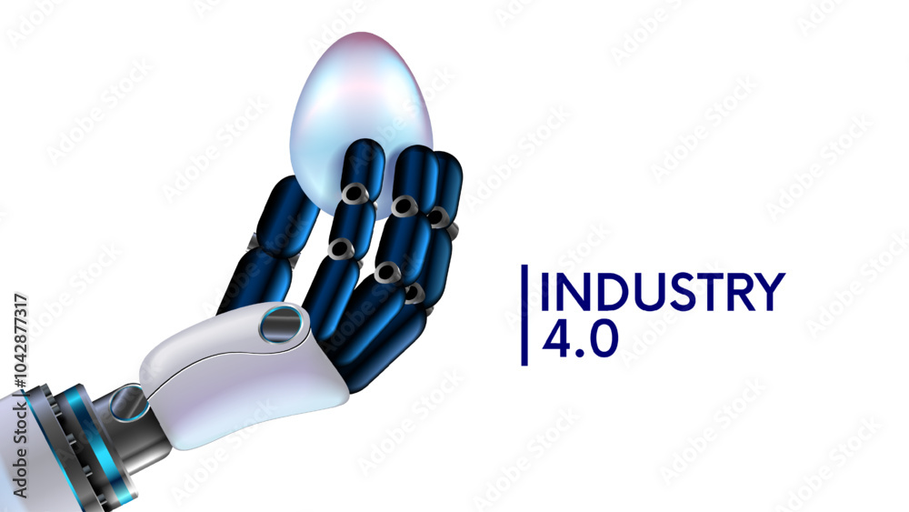 Poster Robot hand holds an egg in close-up. Hand of anthropomorphic robot with artificial intelligence or AI carefully holds egg with its fingers. AI robotics in humanoid robot. AI in robotics technology.