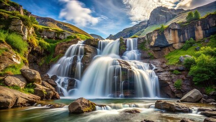 Obraz premium Flowing waterfall against mountain rocks