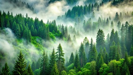 Fototapeta premium Foggy green mountain forest with spruce and pine trees on slopes