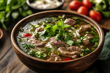 Vietnamese Beef Noodle Soup with Cilantro and Rice Noodles