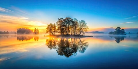 Obraz premium Foggy sunrise at a lake Island and trees in blue and orange light