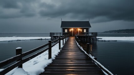 Fototapeta premium A small wooden house stands on stilts in the middle of a frozen lake, with a wooden walkway leading to it. The sky is overcast and the water is still.