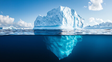 stunning iceberg floats majestically in ocean, showcasing its massive structure above and below waterline. vibrant blue hues and clear skies create serene atmosphere