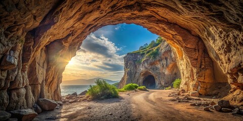Forced perspective arch tunnel entrance inside a natural rock cave