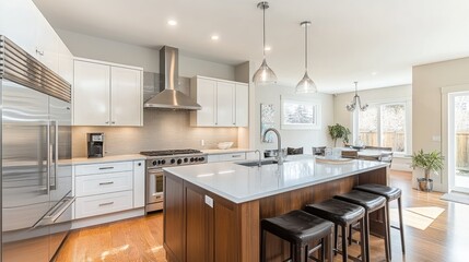 Minimalist kitchen with premium stainless steel appliances and elegant design, capturing a luxurious, modern aesthetic